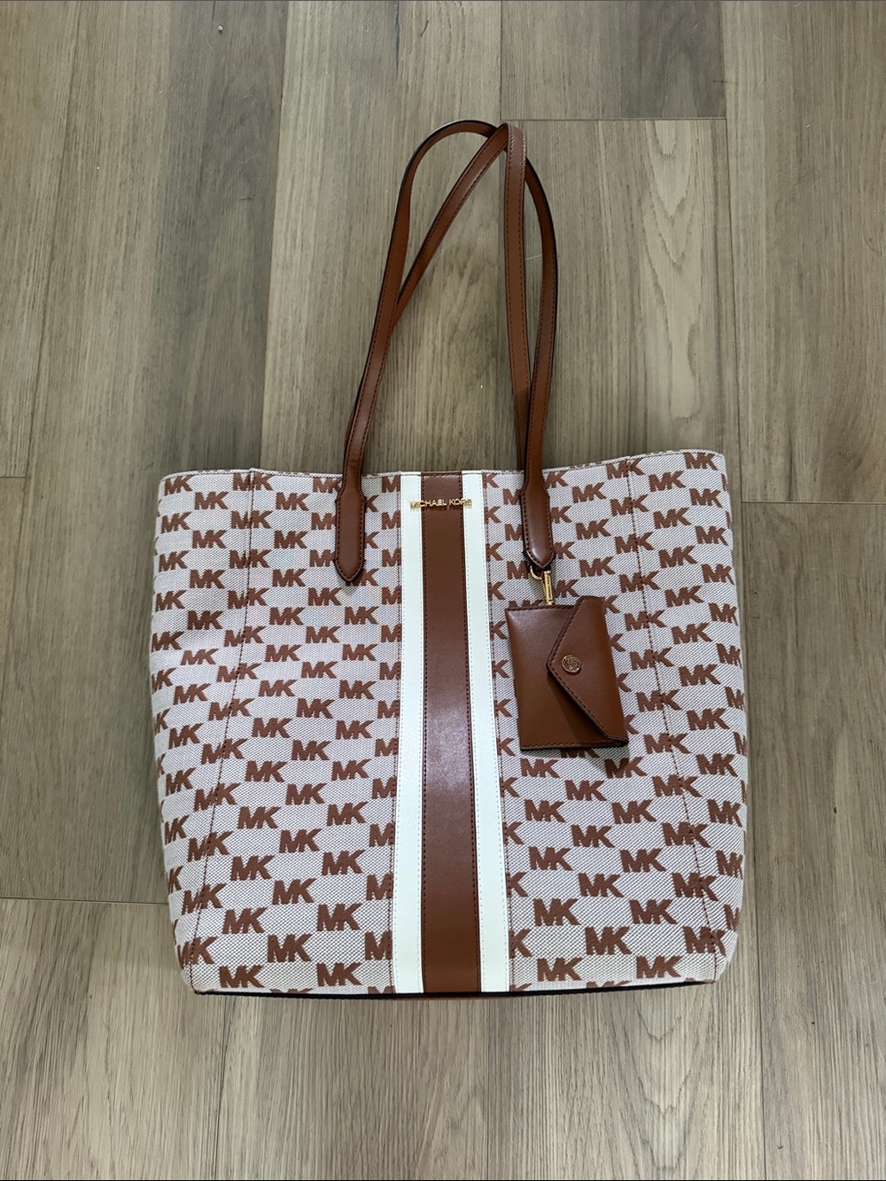 Michael Kors Tan and White MK Logo Tote with Center Stripe & matching wallet NWT